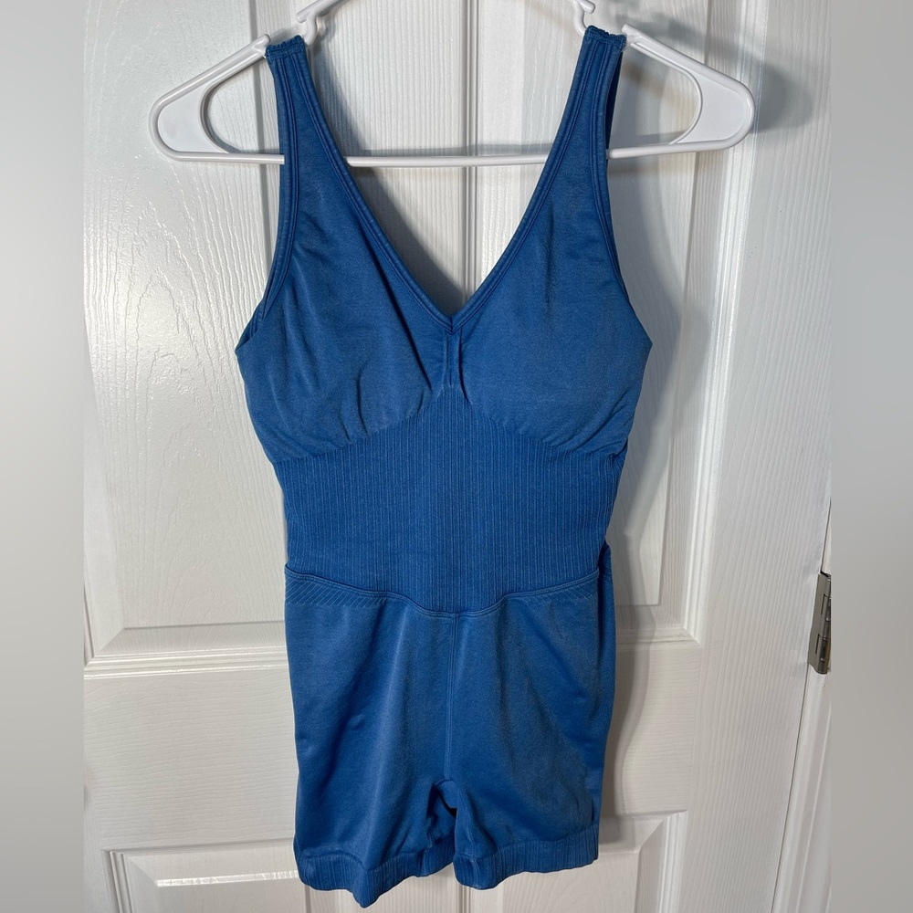 Active wear blue romper with open back